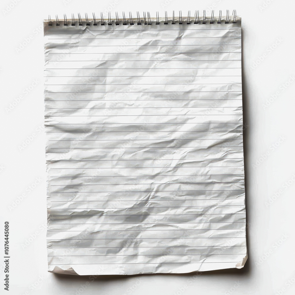 Poster crumpled white paper sheet on a spiral notebook with visible texture and lines for creative art proj