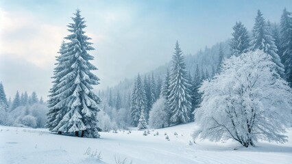 Fototapeta premium Snow-covered evergreen trees in peaceful winter landscape