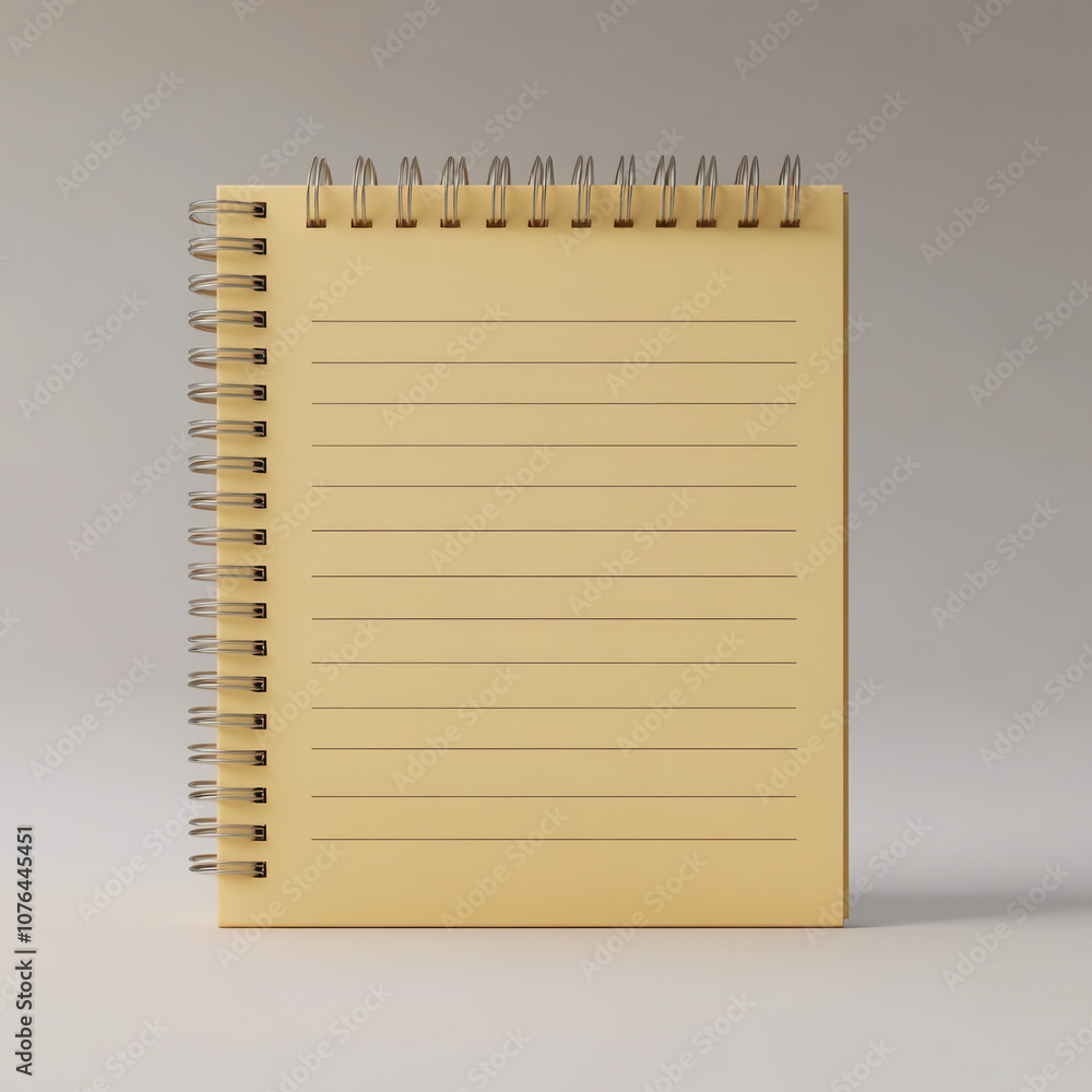 Poster blank yellow spiral notebook with lines on pages placed on a soft gray background for creative writi