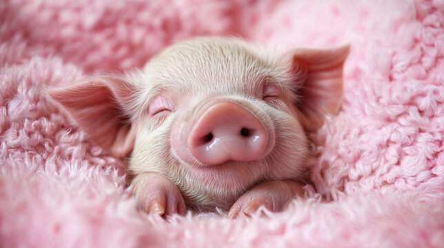 Close-Up of Adorable Sleeping Piglet Nestled in Soft Pink Blanket, Peaceful Baby Pig Portrait