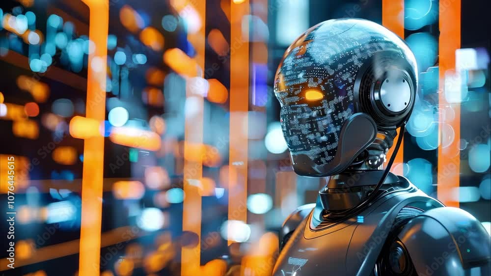 Poster a futuristic robot with a digital, circuit-like face set against a backdrop of glowing orange and bl