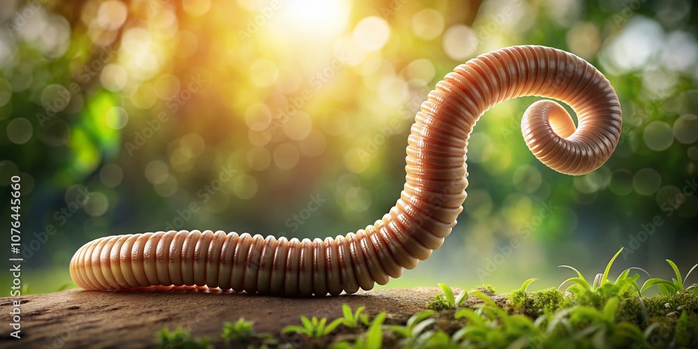 Poster detailed close-up illustration of a tapeworm in a natural environment with clear copy space for educ