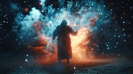 Obraz premium A hooded figure surrounded by swirling sparks and smoke