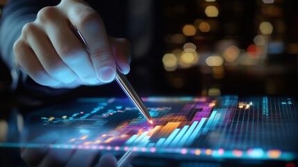 Businessman Engaged with Holographic Display and Financial Growth