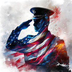 Military officer saluting with American flag overlay, symbolizing patriotism and honor. artistic representation evokes sense of pride and respect
