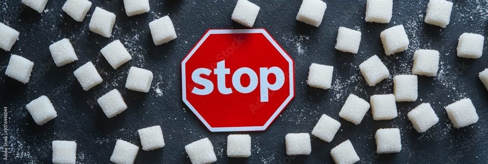 Poster many sugar cubes are surrounding a red stop sign, inviting people to stop consuming too much sugar f