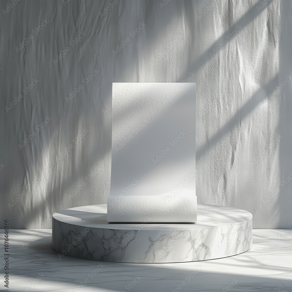 Poster minimalist display with a blank s on a white marble pedestal surrounded by soft shadows and subtle t