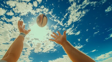 Hands reaching for a rugby ball under a bright sky with clouds