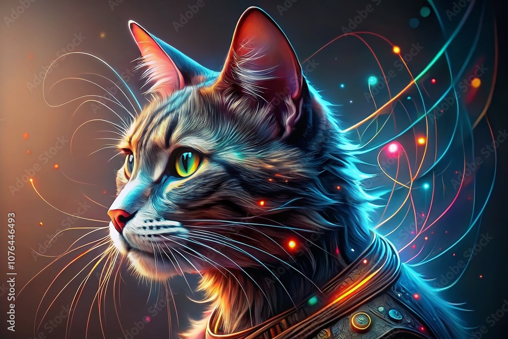 Poster digital cat portrait with wired elements and copy space for creative use in tech and pet themes