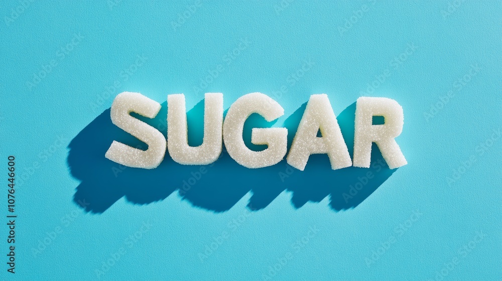 Poster granulated sugar forming the word sugar is lying on a vibrant blue backdrop, casting a distinct shad