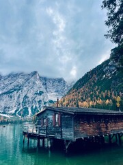 Autumn landscape of Lake Braies. Famous lake in the Dolomites.