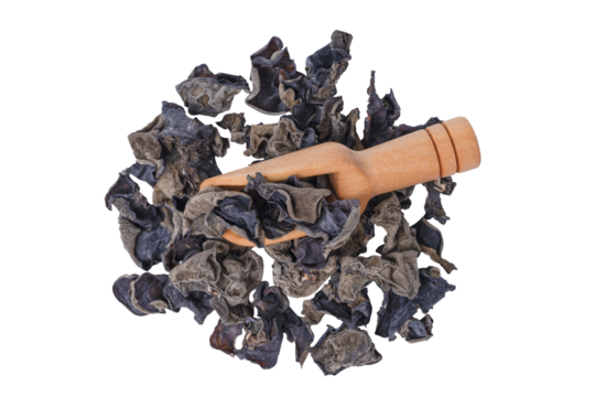 Top view black fungus or ear mushroom in wooden scoop on white background