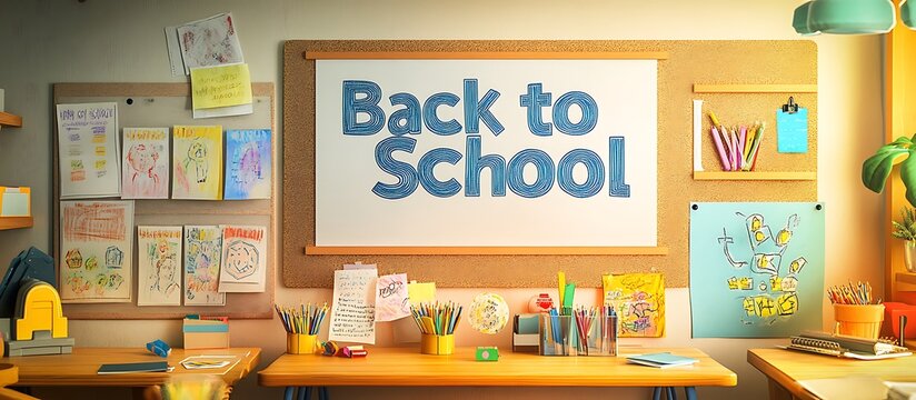 Classroom with a bulletin board displaying "Back to School" along with student artwork and educational materials