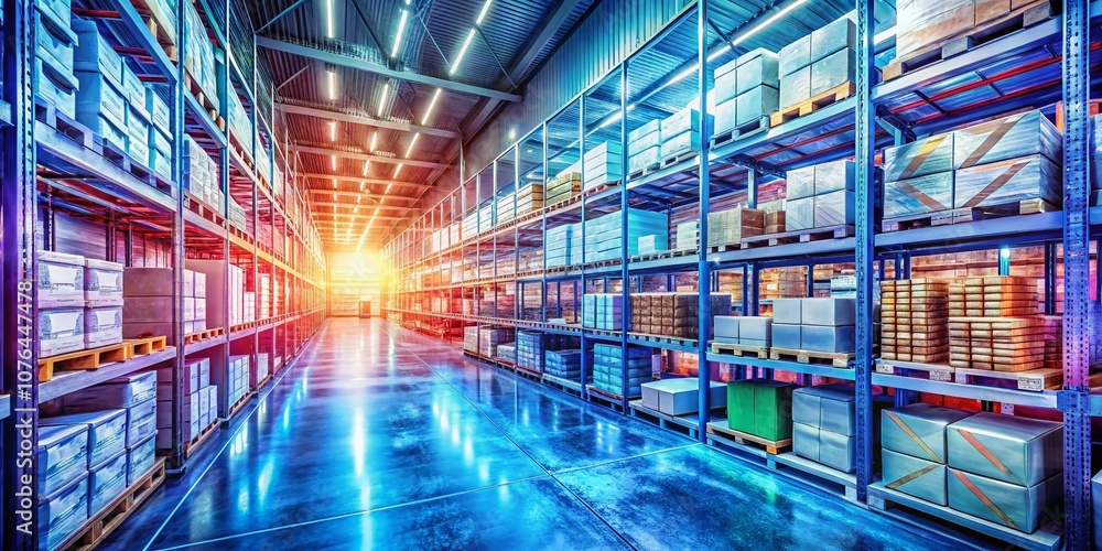 Poster double exposure of a cold storage warehouse with neatly stacked goods and powerful freezers creating