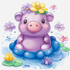 Naklejka premium Cute Purple Pig Character with Flowers Sitting on a Water Lily Pad Surrounded by Colorful Blossoms in a Tranquil Pond Setting