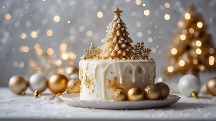 The concept of New Year's dishes. Bakery. A beautiful delicious cake with Christmas trees on the table. Treats and sweets for Christmas.