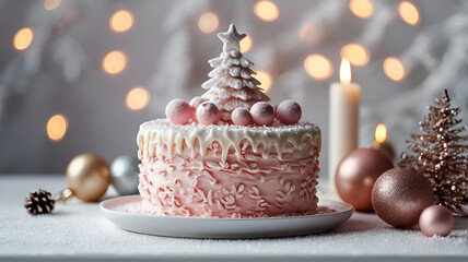 The concept of New Year's dishes. Bakery. A beautiful delicious cake with Christmas trees on the table. Treats and sweets for Christmas.