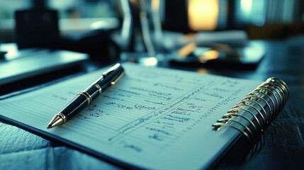 A black pen resting on a open notebook with gold wire binding