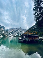 Autumn landscape of Lake Braies. Famous lake in the Dolomites.