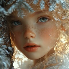 Beautiful Victorian girl by Christmas tree, vintage holiday portrait