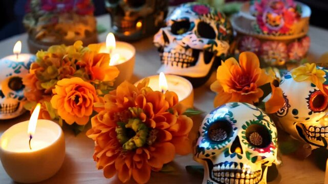 a pan video across sugar skulls during dia de los muertos with rim light, decorated with colorful patterns, surrounded by marigolds and candles