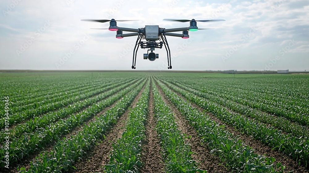 Poster aerial drone equipped with and sensors surveying smart farming fields for detailed crop analysis and