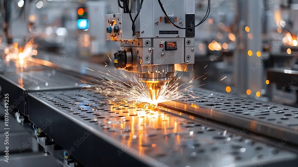 Aufkleber Automated machinery performing metalworking with sparks and glowing effects highlighting the power and efficiency of modern manufacturing processes