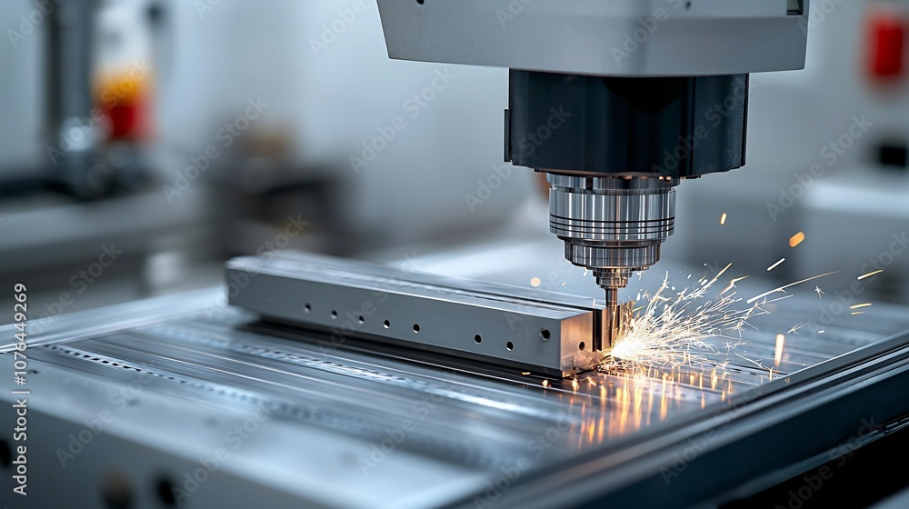 Poster close up view of an industrial milling machine with bright sparks illuminating the metalworking proc