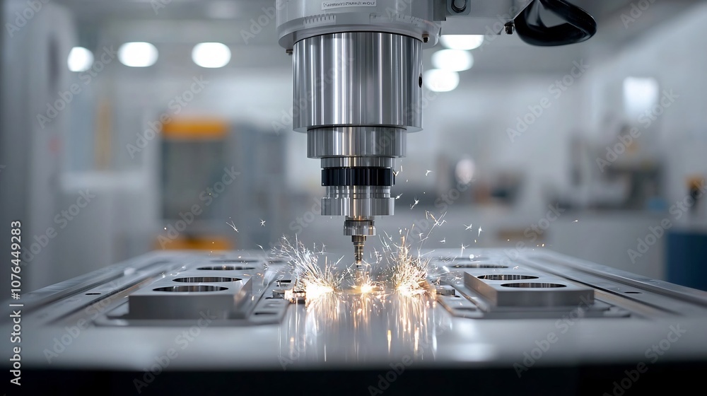 Poster Close up view of an industrial metal milling machine with bright sparks and illumination representing precision engineering and manufacturing processes in a factory setting