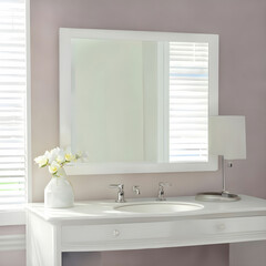 Fototapeta premium a white vanity with a mirror and a lamp on it