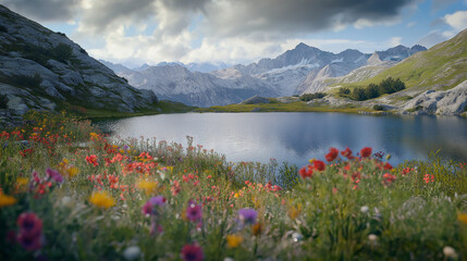 Alpine lake surrounded by mountains with still, reflective waters and vibrant wildflowers