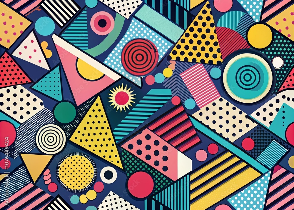 Poster drone photography of abstract backgrounds featuring hand-drawn shapes in memphis style, vibrant colo