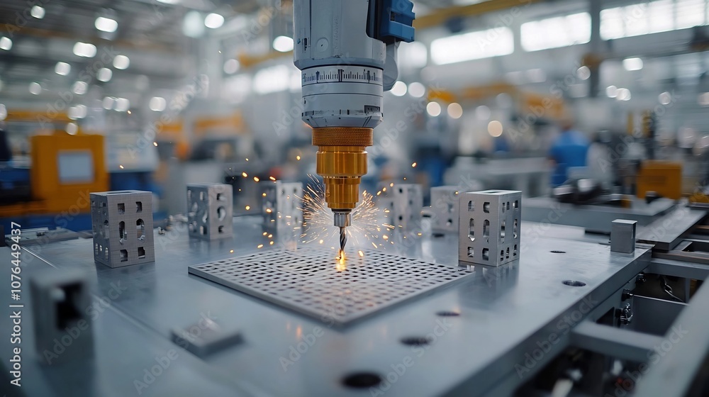 Poster Powerful industrial drill carving through metal with sparks igniting in a sophisticated high tech factory environment showcasing advanced manufacturing machinery and processes in action