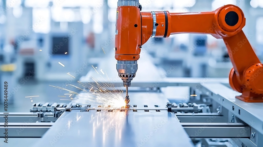 Poster robotic arm drilling into shiny metal with sparks flying showcasing the power and precision of autom