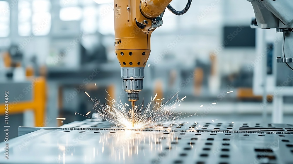 Poster Robotic arm precisely drilling into metal surface with sparks flying showcasing the power and efficiency of advanced industrial automation and technological progress
