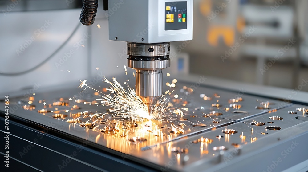 Poster metalworking machine in action emitting sparks and demonstrating the precision and technological adv