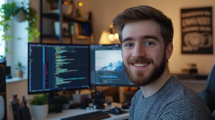 Smiling young man with a beard teaching coding in a home office setup, seated in front of a dual-monitor display filled with programming code, surrounded by plants, books, and tech gadgets.
