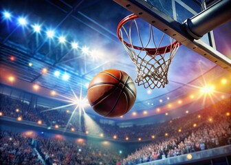 Dynamic Action Shot of a Basketball Arcing Through the Hoop During a Competitive Game with a Dramatic Background and Intense Atmosphere Capturing the Spirit of Sportsmanship