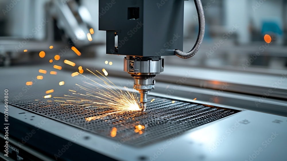 Poster Detailed Close up View of an Industrial Machine with Precise Engineering Mechanisms Emitting Glowing Sparks Illustrating the Power and Precision of Modern Manufacturing Processes