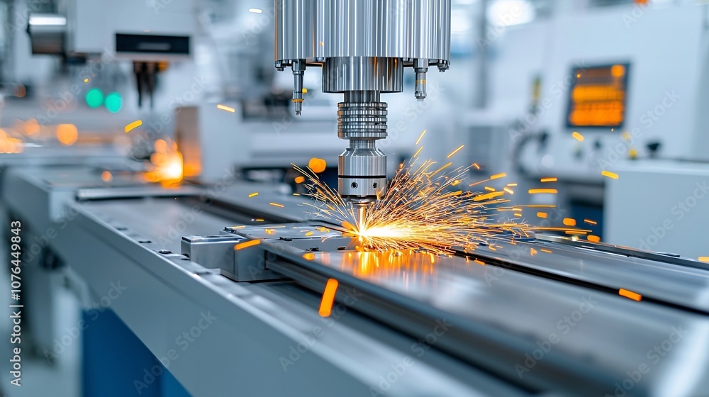 Aufkleber close up view of a powerful industrial machine with glowing metallic sparks showcasing the intricate
