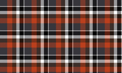 Plaid fabric pattern, black, orange, white, modern seamless cross lines for textiles, and for designing clothes, skirts or decorative fabrics. Vector illustration.