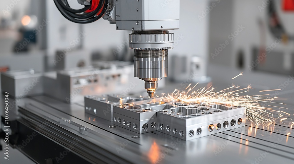Poster robotic milling machine processing metal parts surrounded by bright sparks symbolizing efficient and