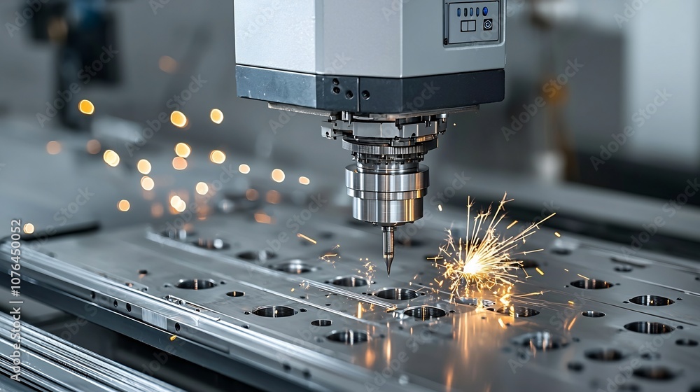 Poster Robotic milling machine precisely processing metal parts surrounded by bright sparks and symbolizing the efficiency and technological advancement of modern industrial manufacturing