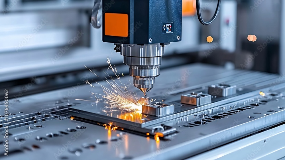 Poster Robotic milling machine processing metal parts surrounded by bright sparks representing the efficient and high tech nature of modern manufacturing processes