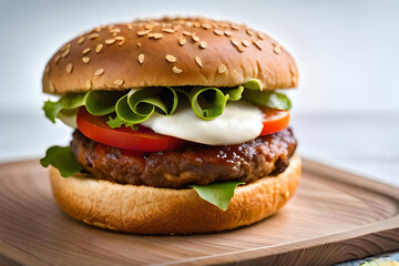 Delicious hamburger with fresh ingredients set against a stunning sunset perfect for food lovers and culinary photography
