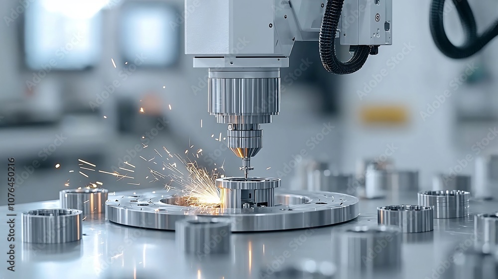 Poster A robotic milling machine meticulously processing metal parts surrounded by a flurry of bright sparks symbolizing the efficiency and advanced technology of modern manufacturing processes