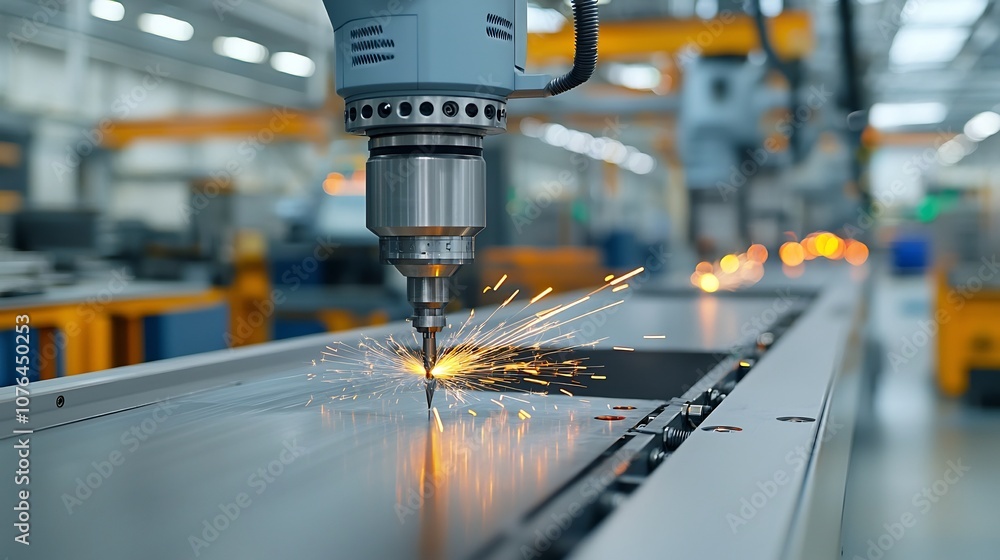 Poster Automated drill machining metal with precision emitting vibrant sparks in a modern factory setting showcasing advanced engineering technology and machinery in industrial production