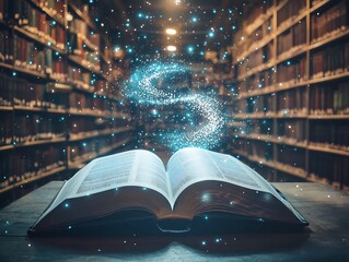Glowing Text Lifting Off Open Book Pages Forming Spiral of Ideas and Learning in Library