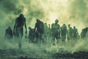 Scary zombie wandering in street with dramatic lighting on Halloween