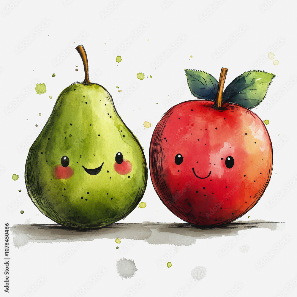 Poster cute cartoon illustration of a smiling pear and apple character with cheerful expressions on a soft 
